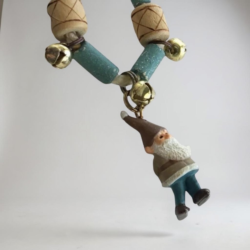 Vintage Whimsical Gnome Necklace with Blue and Brown Beads